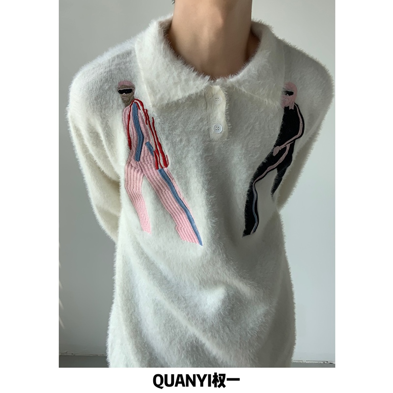 Elegant Embroidered Mohair Sweater with a High-End Feel, Autumn and Winter Niche Thickened Lazy Style Round Neck Knit Top
