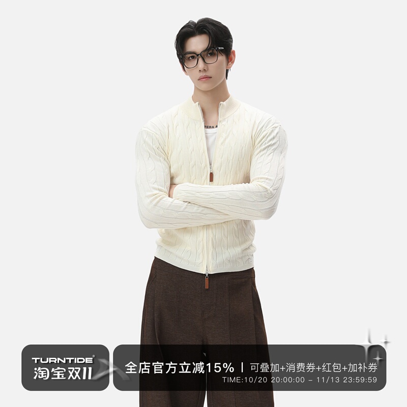 Turntide Vertical Pattern Cable Knit Slim Fit Stand Collar Knit Cardigan Ribbed Cuffs Soft Warm Double Zipper Sweater Jacket Turntide Vertical Pattern Cable Knit Slim Fit Stand Collar Knit Cardigan Ribbed Cuffs Soft Warm Double Zipper Sweater Jacket