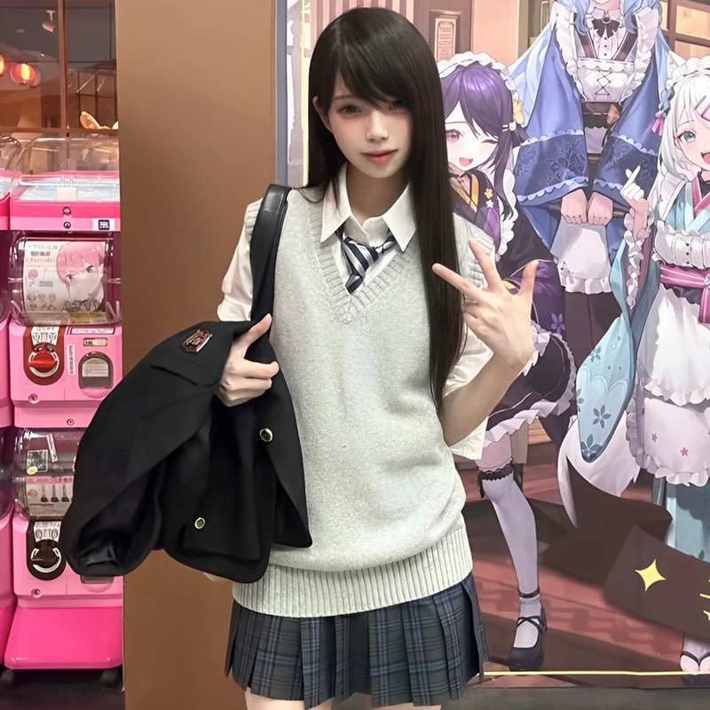 Original Jk Uniform V-Neck Pullover Vest Autumn and Winter College Style Solid Color Sleeveless Knit Top Inner Sweater for Women