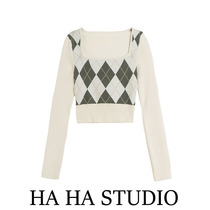 Film memory retro diamond square collar knitted top womens contrast color short sweater autumn