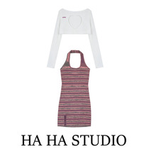 Woolen halterneck dress womens 2022 spring and autumn new design style niche striped sweet and cool hot girl blouse suit skirt