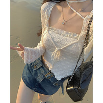 Apricot lace shirt womens spring and summer pure desire inverted triangle suspenders with short shawl blouse two-piece set women