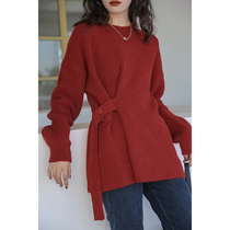 Clearing without turning the alley red sweater fashion retro loose design of small knit knit blouse again