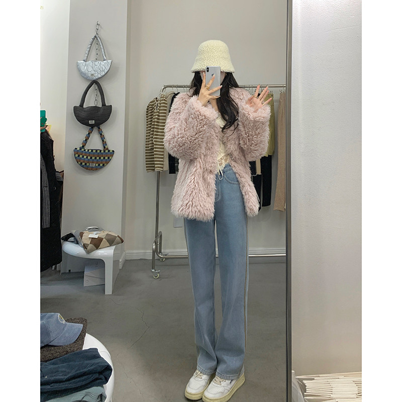 Non-refundable high-waisted jeans women's autumn and winter design feeling niche light blue wide-leg pants women