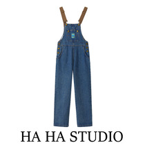 Denim overalls womens 2022 autumn and winter models small design niche Japanese retro cute straight wide-leg pants
