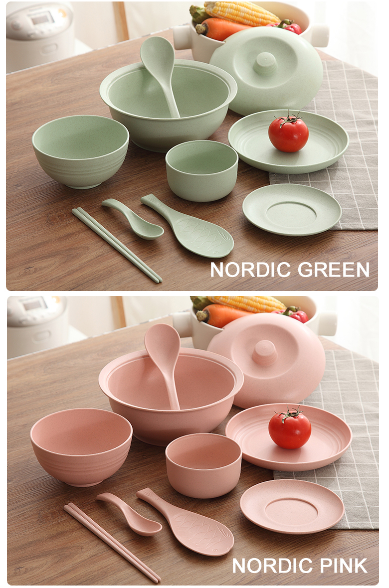 Bộ đồ ăn rơm lúa mì đặt nhà 2 người ăn cơm bát sáng tạo trẻ em bộ đồ ăn chống vỡ món ăn đĩa - Đồ ăn tối khay gỗ đựng đồ ăn
