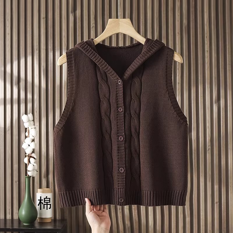 Spring and Autumn Hooded Loose Vest Outerwear for Women, Short Solid Color Cotton Knitted Cardigan, Versatile Sleeveless Sweater Jacket