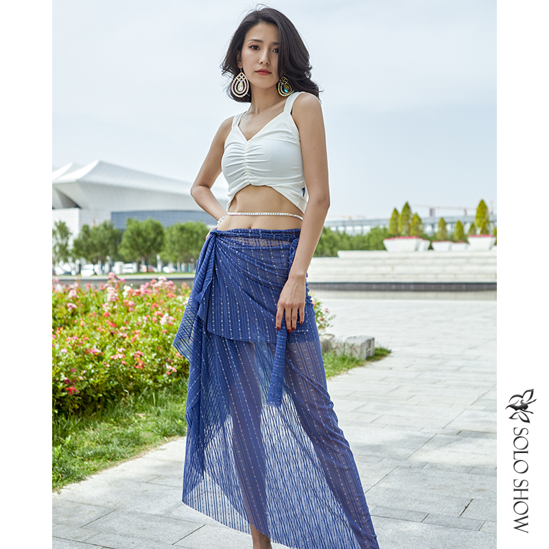 Gorgeous Duxiu belly dance practice suit French silver double-layer strappy skirt performance costume dance suit summer new product