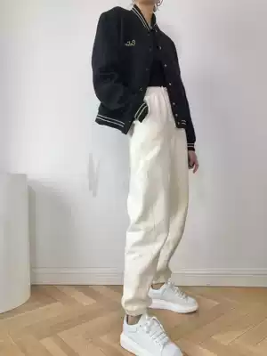 Plus velvet sports pants women's autumn and winter 2020 new loose beam feet high waist hanging white casual thick cotton pants ins