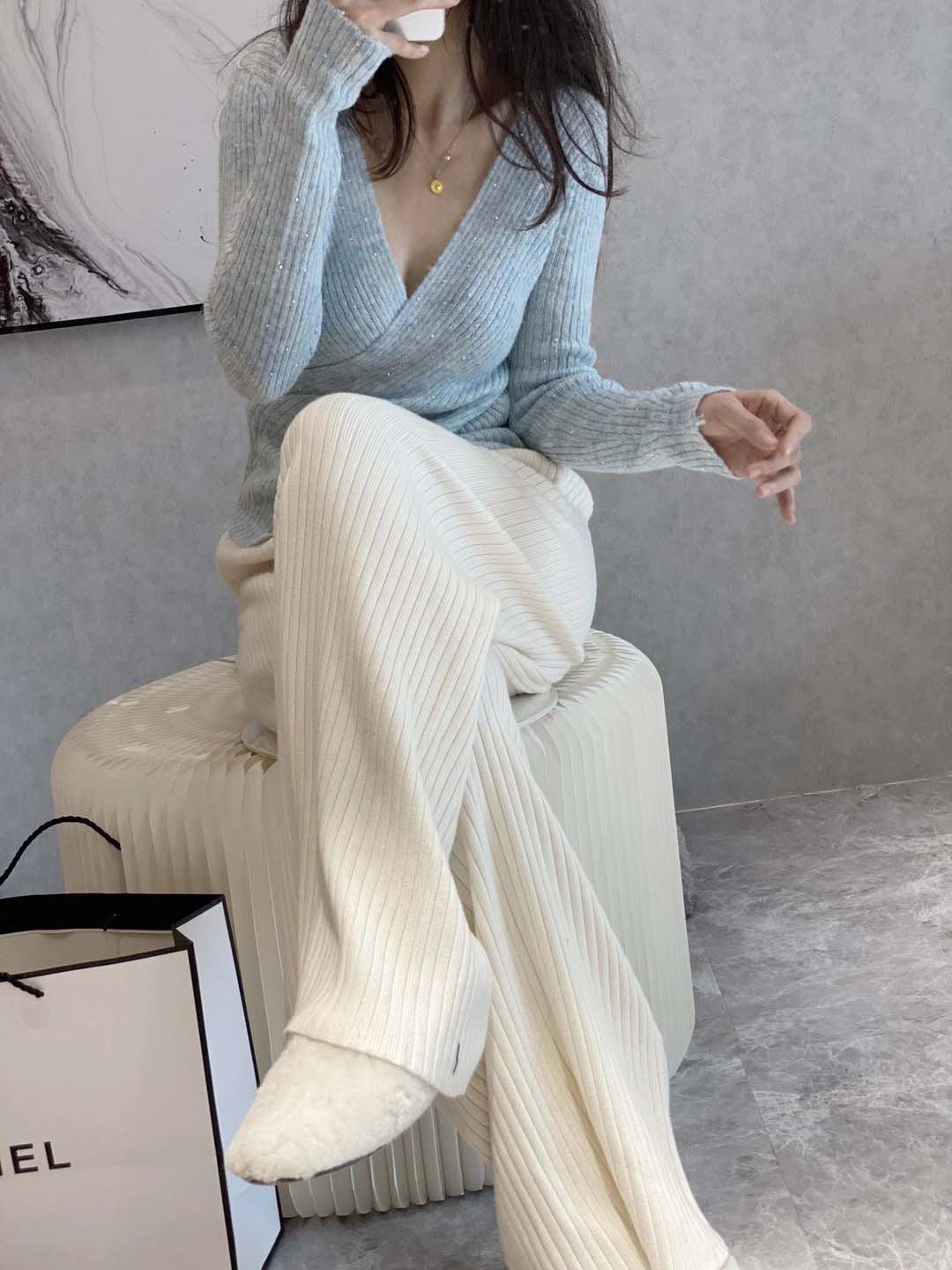 Knitted Broadlegged Pants Woman High Waist Pituitary Autumn Winter 2021 New Thickened Casual Straight Drum Mopping Loose Long Pants Tide