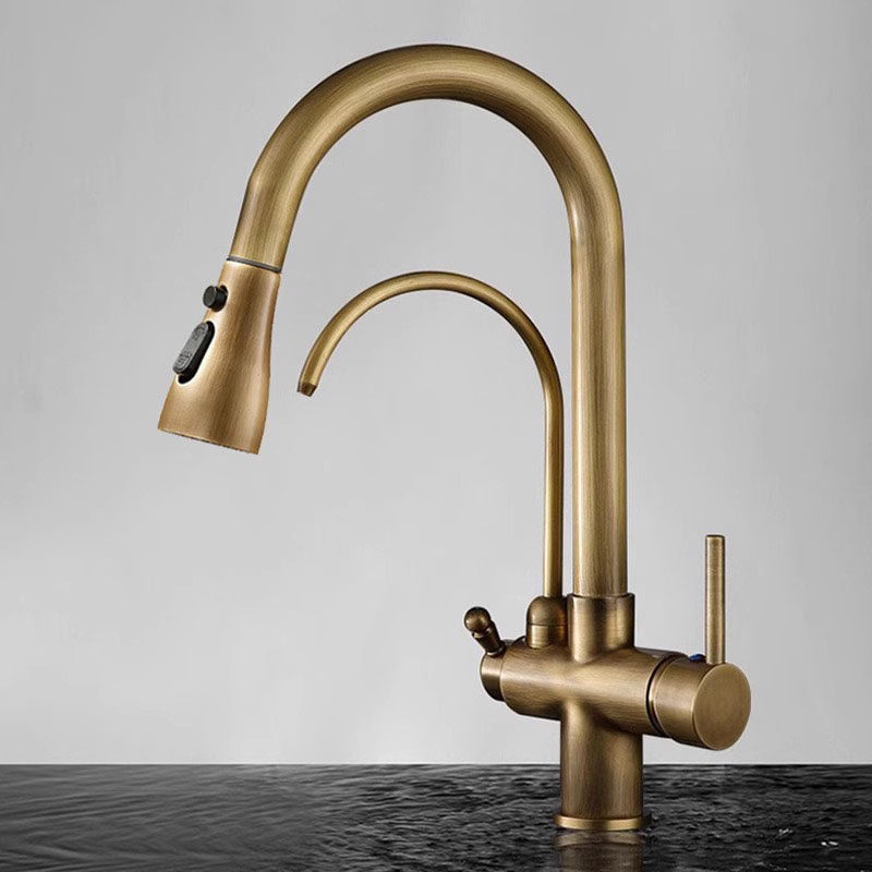 European-Style Retro All-Copper Kitchen Three-In-One Dual-Use Faucet Kitchen Hot and Cold Sink Pull-Out Faucet