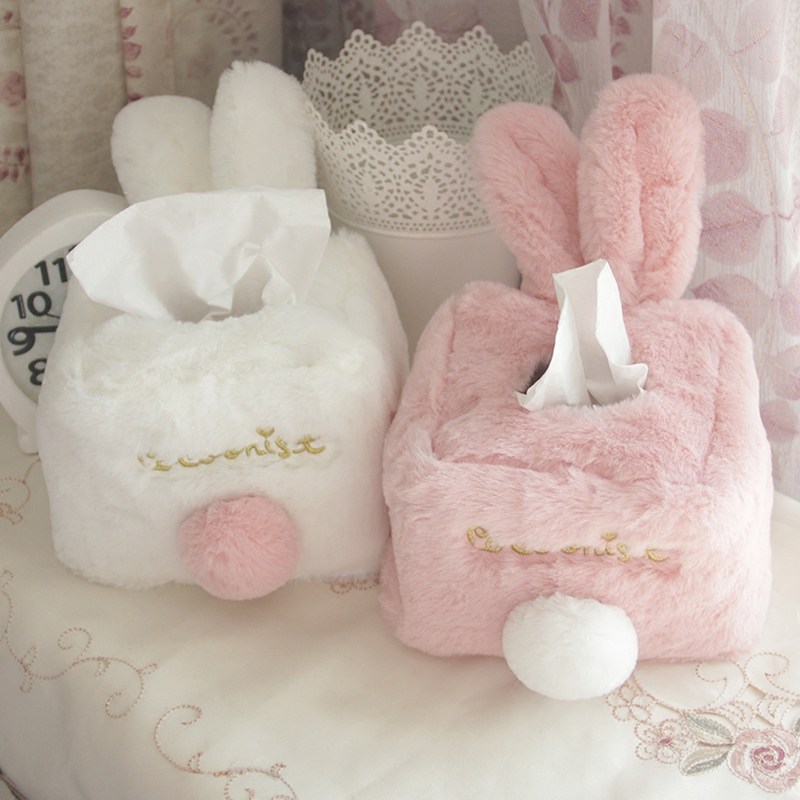 Soft cute cute pink rabbit plush paper towel set rabbit ear home car with living room tissue box cartoon drawston box