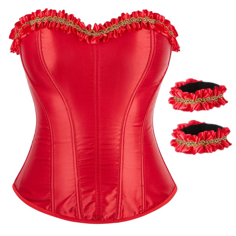 New Women's Red Satin Lace Palace Corset Body-Shaping Fishbone Top with Arm Ring Red Corset