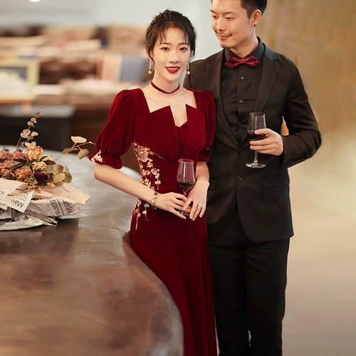 Бордовое длинное весеннее летнее вечернее платье для невесты, бархатная юбка