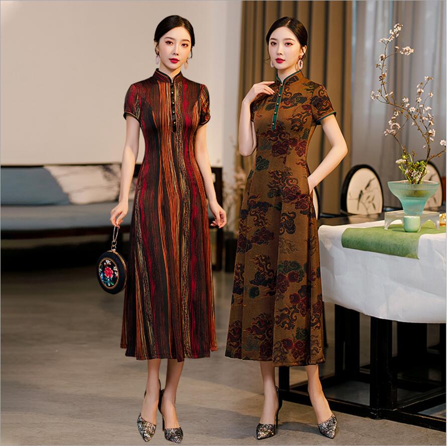Summer fashionable long cheongsam for mother from pearl, retro dress, plus size, A-line