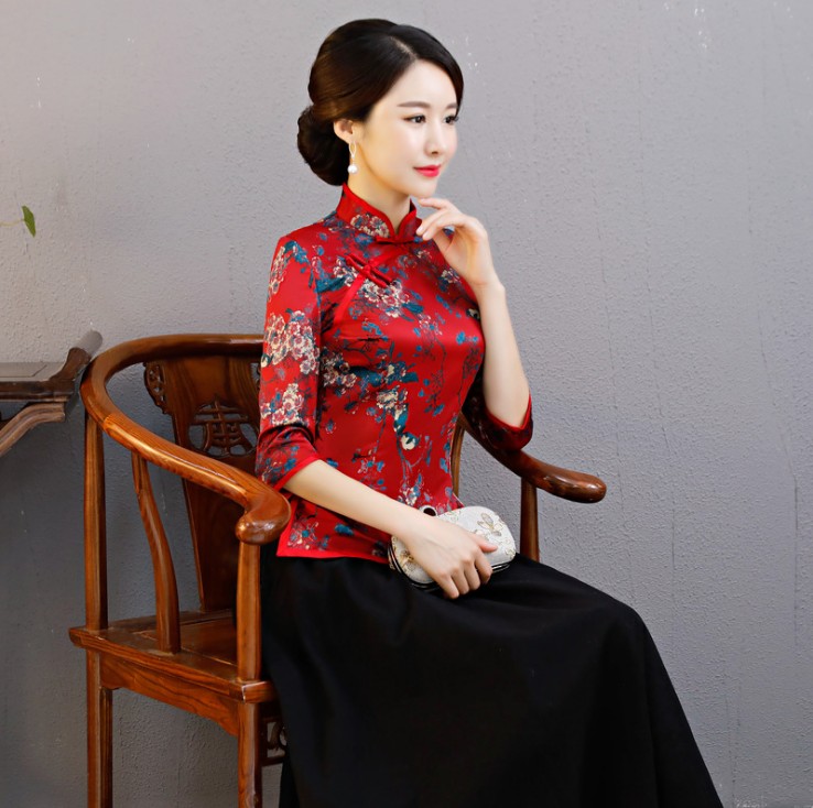 Vintage Trung Quốc Gió Tang Suit 2019 Xuân Thu Bảy tay áo Sleeve Kiểu dáng đẹp Đổi mới ngắn Cheongsam Lên trên