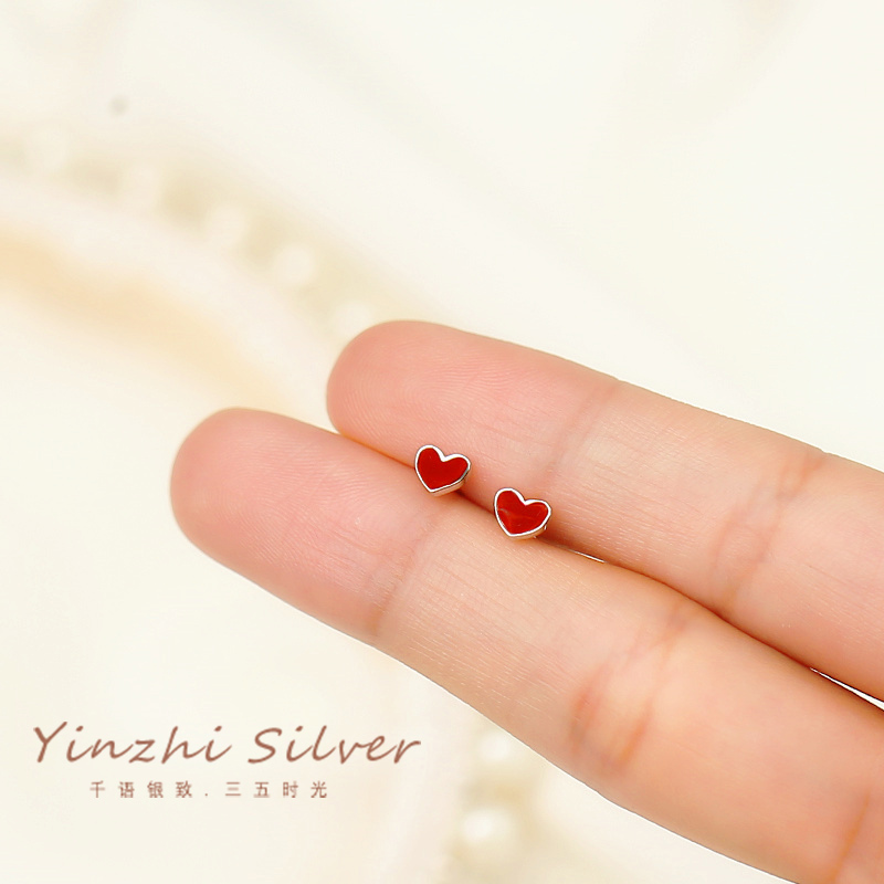 S925 pure silver earshot female temperament 2020 New wave minimalist about temperament small red loving peach heart-shaped earrings