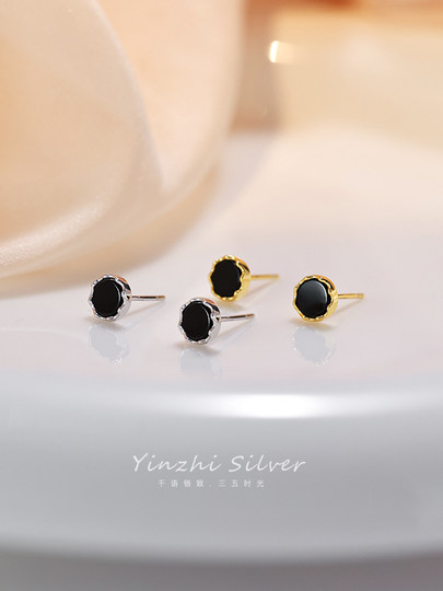925 silver earrings women's black earrings 2025 new popular style ear piercing niche design high-end temperament earrings