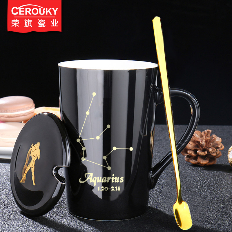 Creative ceramic real gold twelve constellation mug mug with lid with spoon personality coffee cup couple water Cup teacup