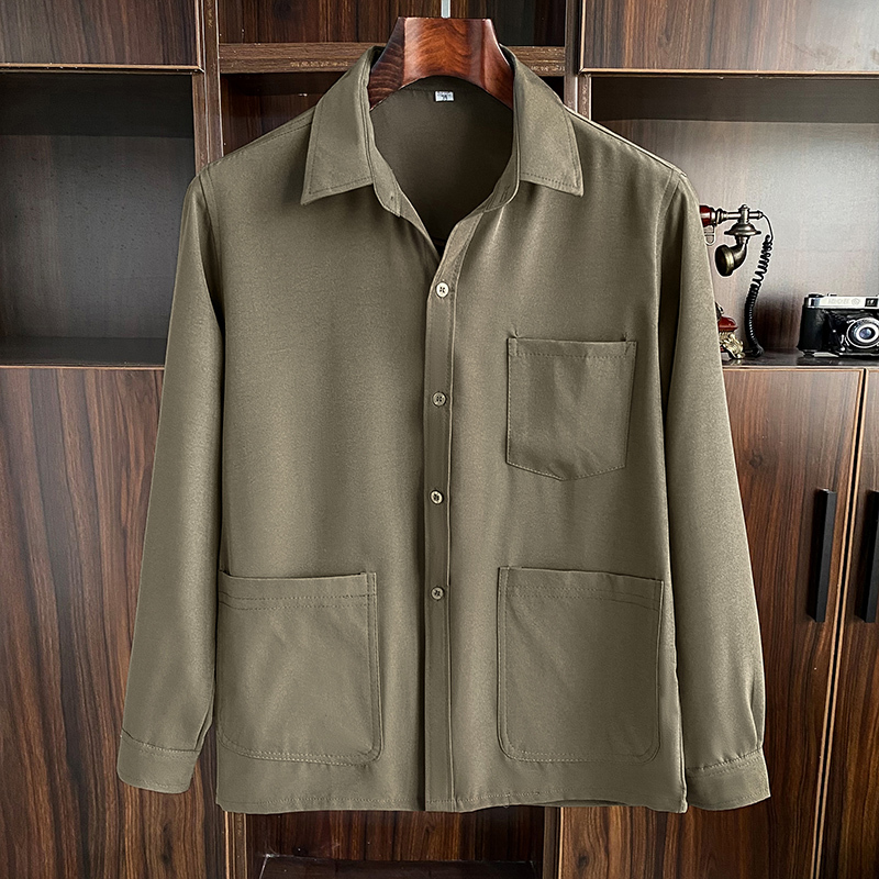 Summer Chiffon Long-Sleeved Thin Collared Shirt for Middle-Aged and Elderly Men, Multi-Pocket Shirt for Dad, Quick-Drying Top for Grandpa