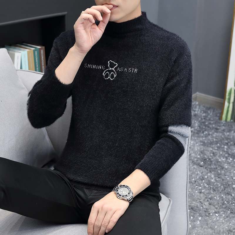 Sweater Men's Korean Style Trendy Autumn and Winter Fleece-Lined Youth Mink Velvet Knitwear Half Turtleneck Warm Sweater