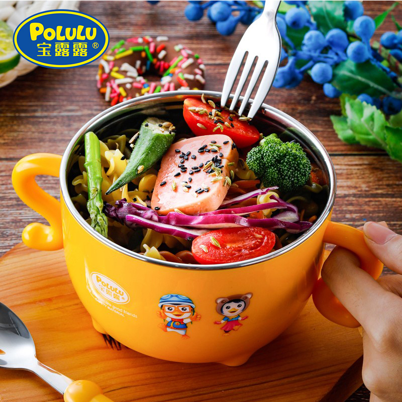 Children's soup bowl baby 304 stainless steel bowl eating bowl anti-fall and burn-proof with cover double ear handle primary school cutlery