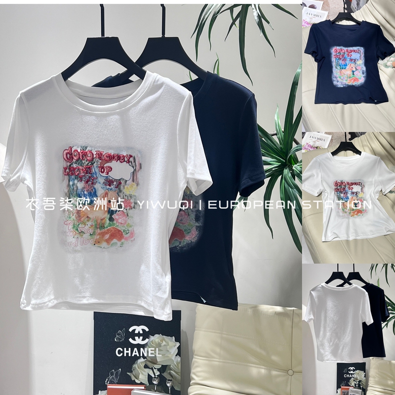 Yiwuqi Summer New Round Neck Short-Sleeved T-Shirt with Pony and Fox Graffiti Print for Women, Slimming Top