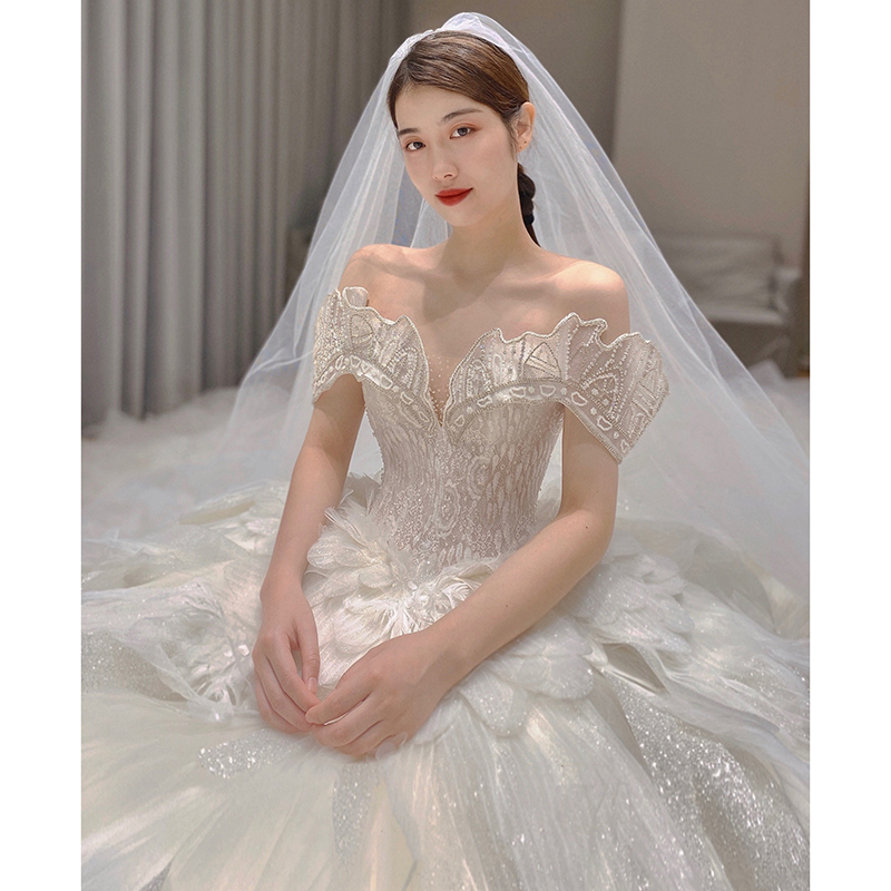 One -shoulder wedding dress 2023 New bride pregnant women luxury, light luxury niche high -end small small small man 2022 big drag tail One -shoulder wedding dress 2023 New bride pregnant women luxury, light luxury niche high -end small small small man 2022 big drag tail