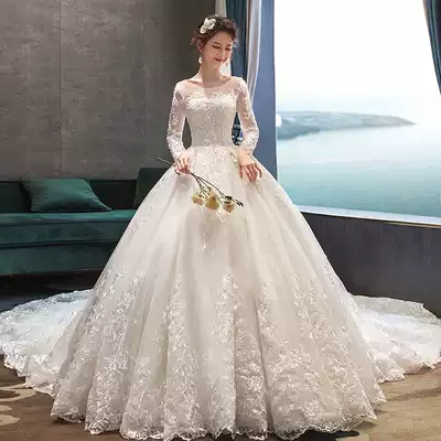 Main wedding dress 2021 new bride female retro long sleeve wedding dress heavy industry luxury high waist pregnant woman simple tailing