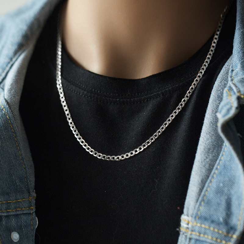 s925 silver necklace male clavicle chain ins necklace Male tide hip hop 4mm wide silver chain men rope hanging student
