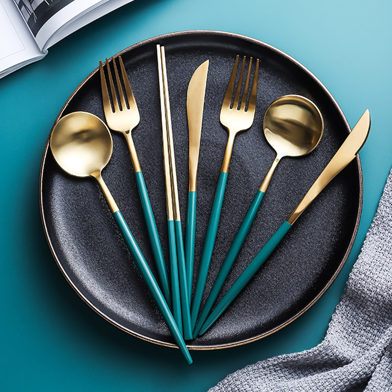 Nordic dark green steak western tableware stainless steel knife and fork plate set 304 household full set of European knife and fork spoon