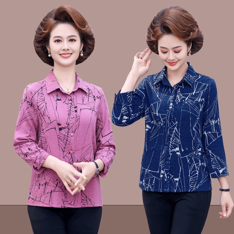 Middle-Aged and Elderly Women's Three-Quarter Sleeve Pure Cotton Shirt, New Loose-Fitting Mother's Wear Printed Top, Summer Thin Cotton Shirt