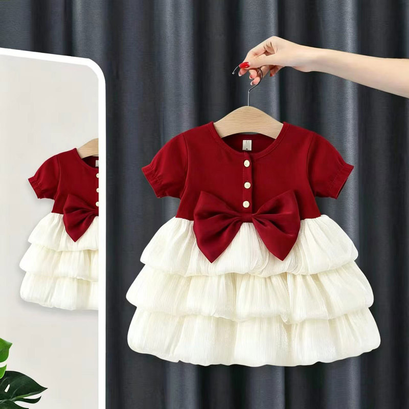 One-Year-Old Girl's Dress, Girl's Summer Dress, Red Festive Birthday Party Princess Dress, Baby Tutu Dress