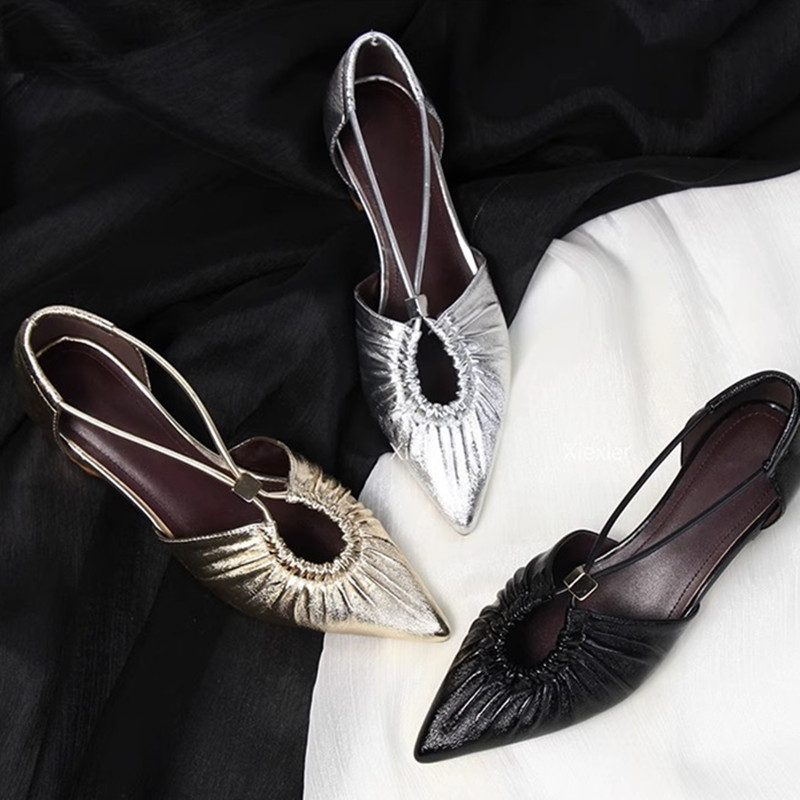 【Ruyan Vuicr】2025 New French-Style Pleated Closed-Toe Sandals for Women with Hollow Pointed Toe and Chunky Heel