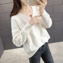 Korean version v-neck sweater loose and wild solid color pullover diamond top Lazy wind simple base sweater womens autumn