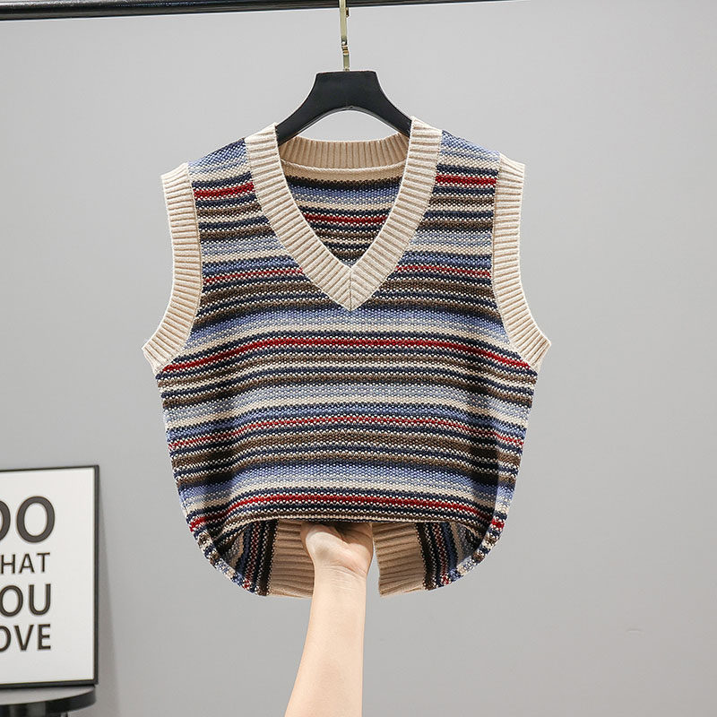 Striped Sleeveless Knitted Sweatshirt Waistcoat Spring Autumn 2021 New Academy Wind Outside Hitchhiking Vest Kan Shoulder jacket
