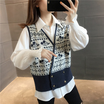 Rhombus knit waistcoat female spring autumn single row with sleeveless waistcoat outside wearing sweater loose fashion cardiovert blouse