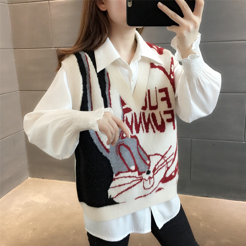Waistcoat Vest Knit 2021 New Fall Ladies Aging Woolen Sweater Horse Clip Trendy Fashion V Collar Loose