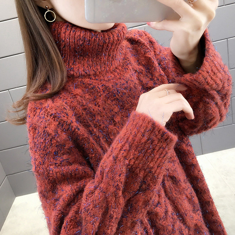 High collar sweater female medium long version 2020 autumn and winter new women's clothing relaxed outside wearing lazy wind thickened knitted blouses