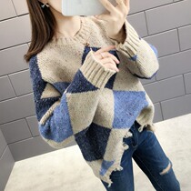 Very fairy loose color knitted sweater autumn 2019 new womens lazy wind pullover sweater base shirt