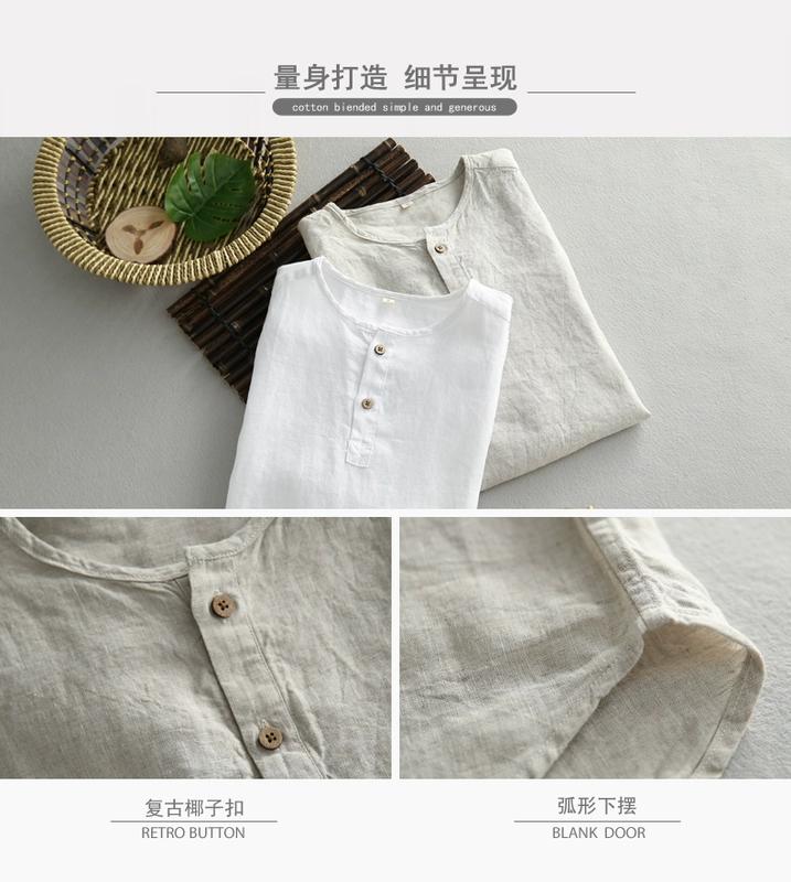 Mùa hè mỏng mảnh vải lanh áo sơ mi nam ngắn tay áo cổ áo cotton nam kích thước lớn lanh áo thun thủy triều - Áo áo sơ mi sọc nam