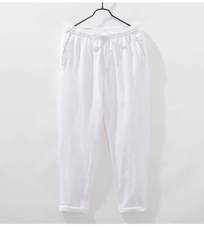 Mùa hè nhẹ và thoáng khí co giãn eo dây rút quần âu quần ống rộng chân chín quần cotton vải lanh nam - Crop Jeans quần bò nam đẹp