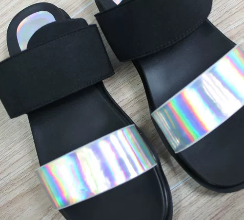 Женские летние полиуретановые серебряные черные сандалии, тапочки