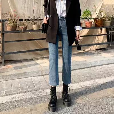 Jeans women 2020 spring high waist New Eight points Joker thin high loose net red chic straight pants