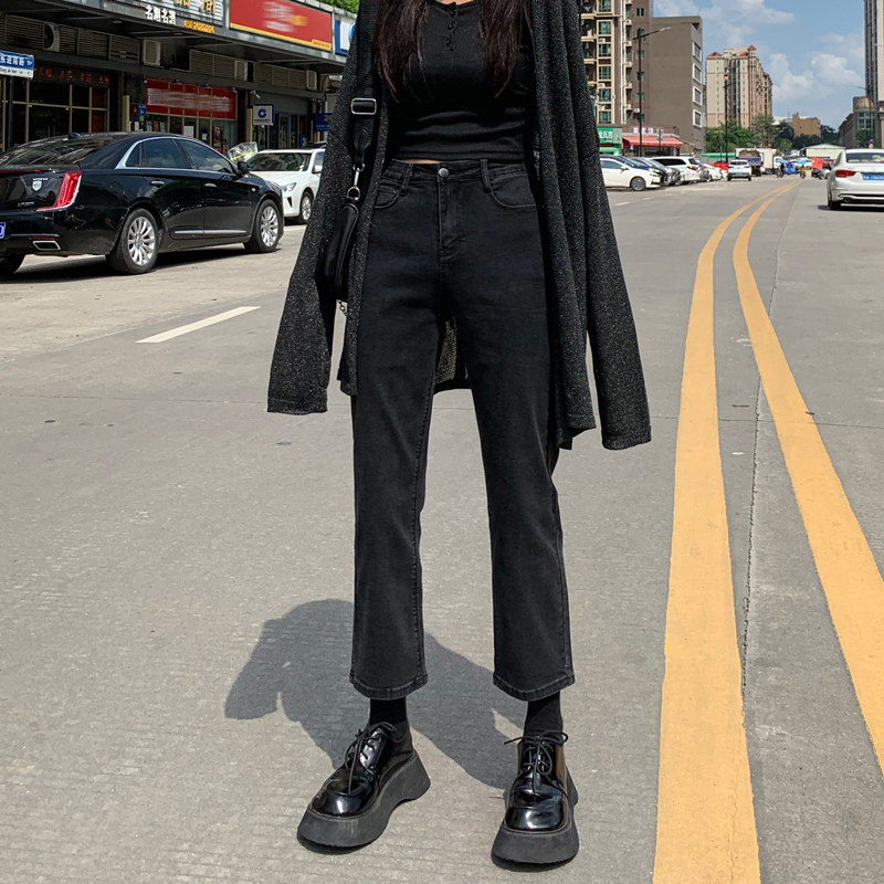 Black jeans women's 2021 spring new high-waisted nine-point straight tube loose and wild thin smoke pipe chic pants