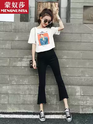 Black jeans women's 2021 spring and autumn new high-waisted eight-point Korean version of thin wide-leg straight nine-point micro flared pants