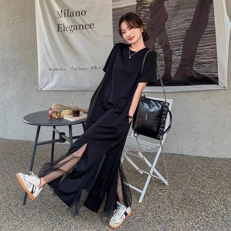 Plus-Size Black Mesh Patchwork Dress for Women, Summer, Over-The-Knee, New Style, High-End, Slimming, Hepburn Style, Large Size T-Shirt Dress