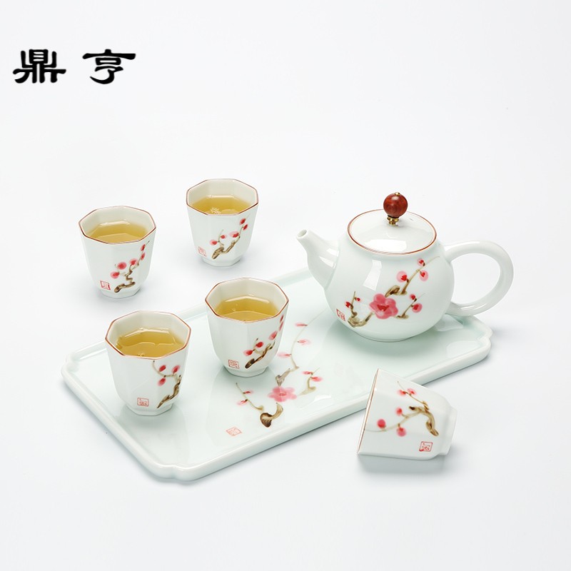 Ding heng jingdezhen kung fu tea set suit portable travel simple ceramic teapot tea tray cups white porcelain