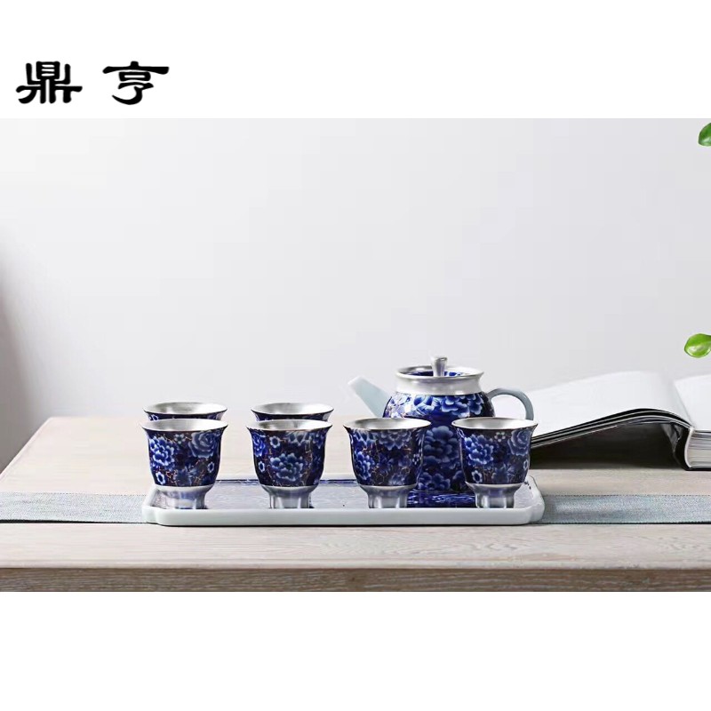 Ding heng coppering. As 999 silver, blue and white porcelain cup silver ceramic teapot single cup tea tray was master cup silver kung fu tea set