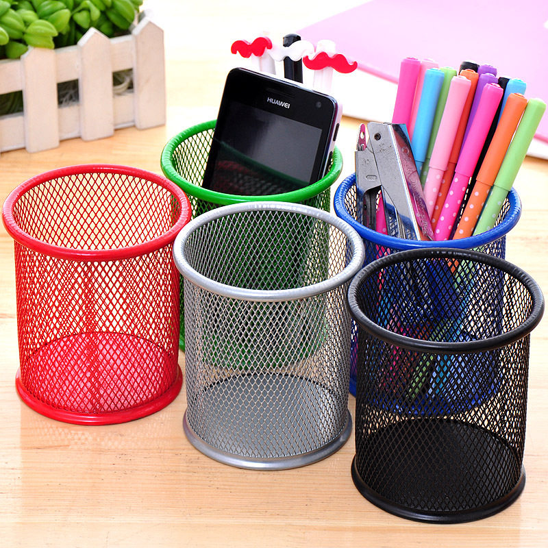 Creative color round grid metal multi-function pen holder Korean fashion desktop office supplies storage ornaments